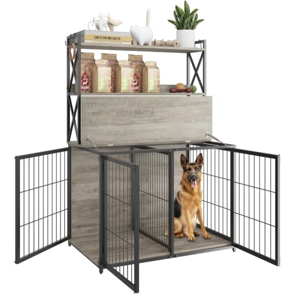 Grey wooden dog cage with flip cover and movable partition,42.5 inches long x 27.1 inches wide x 63.7 inches high, free shipping