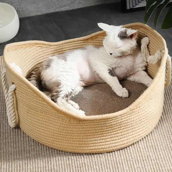 Handcrafted Rattan Cat Bed Puppy Kennel Woven Summer Cool Nest for Cat Kitten Scratching Sleeping Mat Cat Lounger Cushion