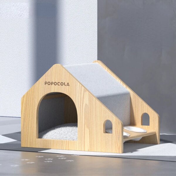 House Shape Pet Nest, Double Bowl Design Solid Wood Dog House Indoor, Pet Bed Teddy Small Dog Nest, Large Space Baby Cat Villa