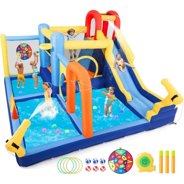 JOYLDIAS Inflatable Water Slide,Water Park Bounce House,Slide Bouncer Castle Playhouse w/Splash Pool, Climbing Wall, Trampoline，