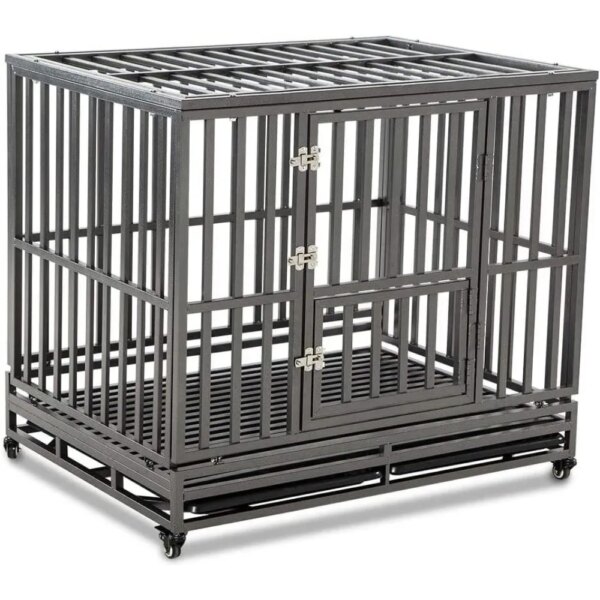 LUCKUP Heavy Duty Dog Cage Metal Kennel and Crate for Medium and Large Dogs, with Four Wheels,Easy to Install,46 inch,Black