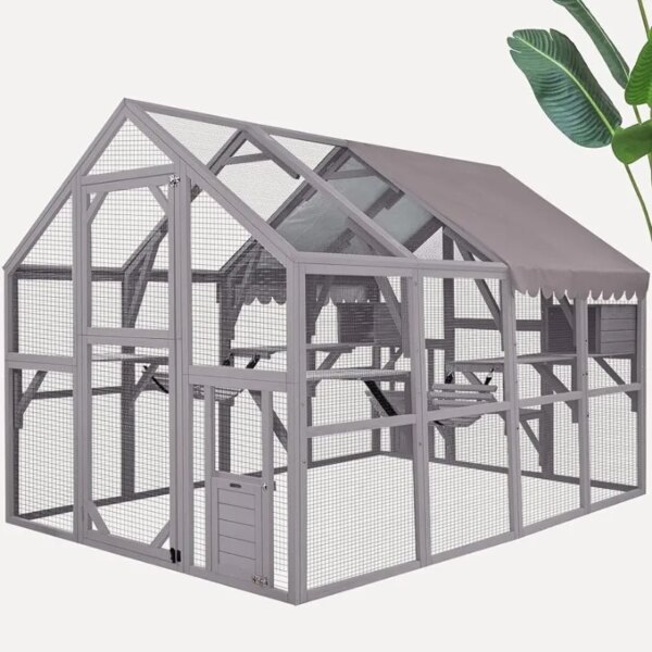 Large Catio Outdoor Cat Enclosures Wooden Cat House with Sleeping Houses, Bridges, Walks, UV Proof Cover 74\