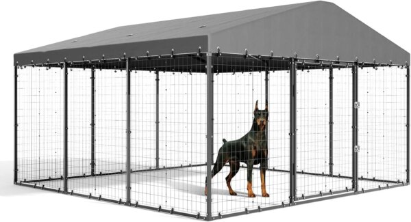 Large Outdoor Kennel with Fully Covered Roof Metal Galvanized Outdoor Dog Fence with Double Security Locks Waterproof Cover