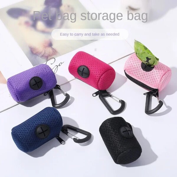 Mesh Fabric Leash Attachment Pets Waste Bag Dispenser With Zipper Portable Dog Poop Waste Bag Holder For Outdoor Walking