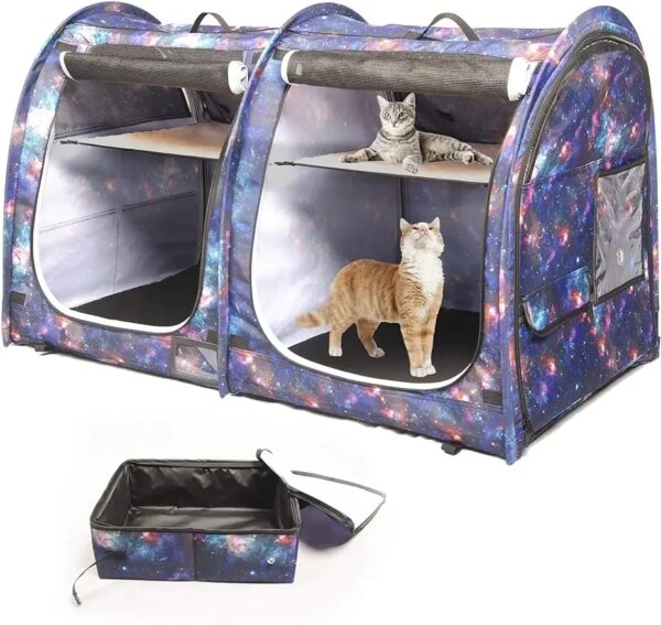 Mispace Portable Twin Compartment Show House Cat Cage/Condo - Easy to Fold & Carry Kennel - Comfy Puppy Home & Dog