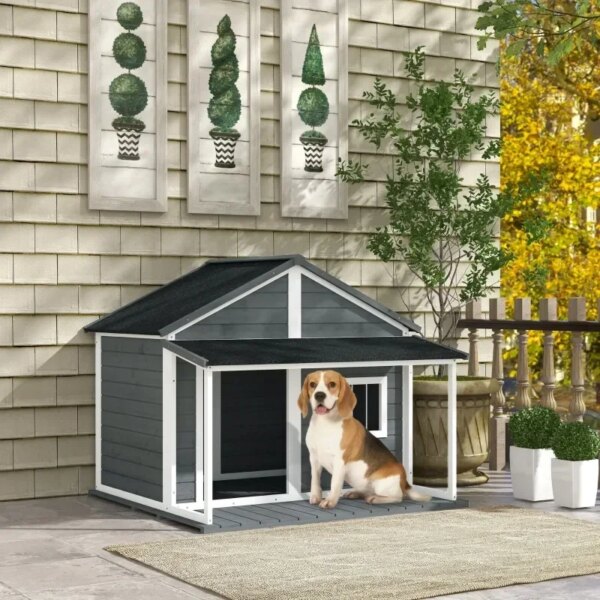 Outdoor Cabin Style Dog House, Medium Dogs, 53 lbs Easy to assemble, For outdoor backyard gardens,Gray