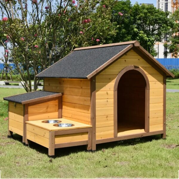 Outdoor Dog house Minimalist Dog Kennels Cage Tent Den Rain-proof Anti-corrosion and Sun-proof Belt Bowl Solid Wood Kennel Villa