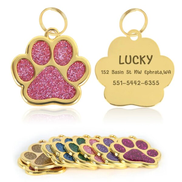 Personalized Collar Pet ID Tag Custom Free Engraved Cat Dog Puppy Name Necklace Gold Paw Glitter Pendant Pet Accessories 3CM