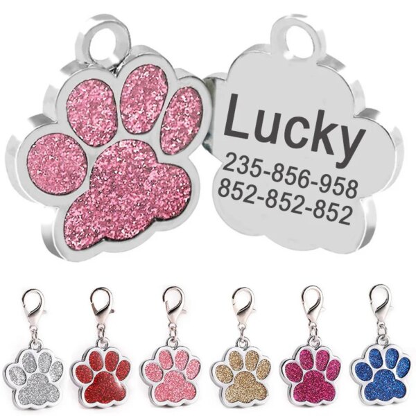 Personalized Dog Cat Tags Free Engraving Puppy Paw Shining ID Name Pendant Metal Keyring  Anti-lost Nameplate Pet Accessories