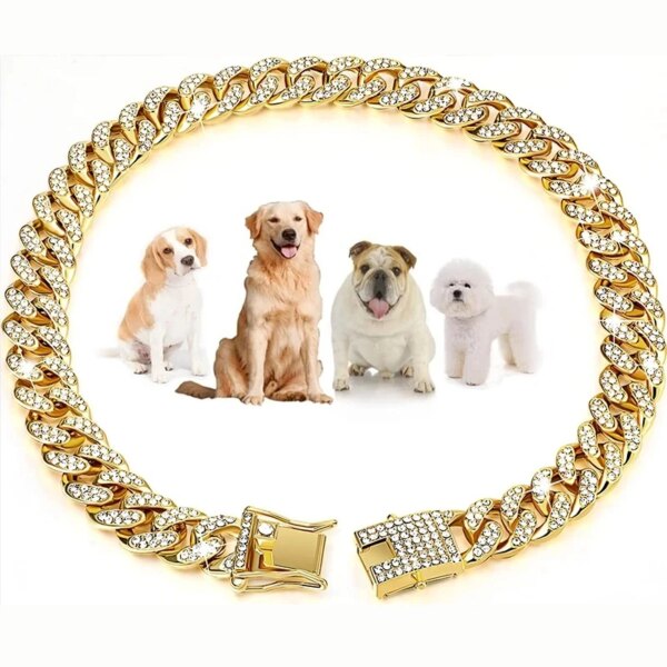 Personalized Dog Collars for Small Medium Large Dogs Cat Gold Chain Diamond Cuban Collar with Design Secure Buckle Pet Necklace