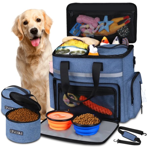 Petskd Outdoor Dog Organizer Bag with Bowl Set Traveling Storage Bag Large Multi-Function Pockets Pet Food Container Backpack