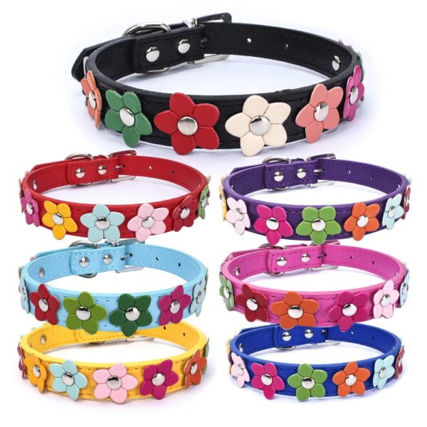 Portable Flowers Pet Dog Collar Leash PU Leather Cat Chain Neck Strap for Small Middle Large Animal Teddy Chihuahua Pug Fashion