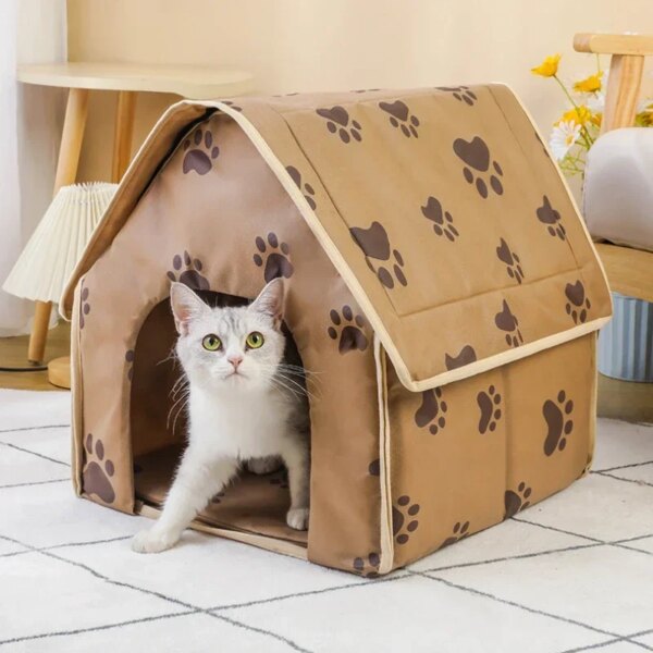 Portable Foldable Pet House Cat Dog Villa Footprint Pattern Cats Dogs Nest Small Medium Indoor Pets Bed Tent Puppy Kennel Shed