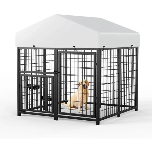 ROOMTEC Large Dog Kennel Outdoor Pet Pens Dogs Run Enclosure Animal Hutch Metal Coop Fence with Rotating Bowl