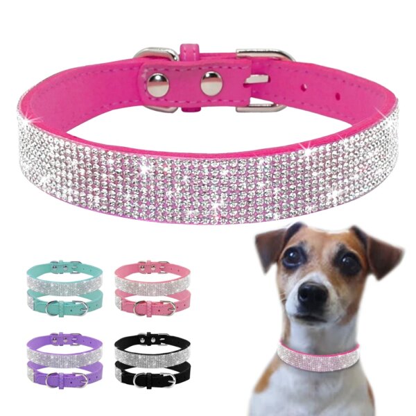 Rhinestone Dog Cat Collar Suede Leather Puppy Cats Kitten Collar for Small Dogs Chihuahua Yorkshire French Bulldog XS S M