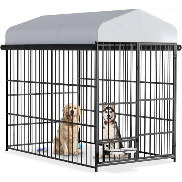 Rovibek Large Dog Kennel Outdoor with Roof, Heavy Duty Dog Kennel Outside, Dog Kennel Outdoor with Rotating  Bowl