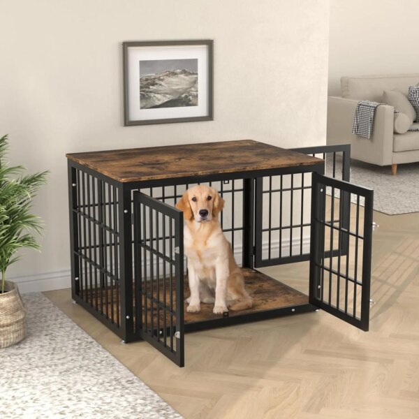 Rustic Heavy Duty Dog Crate Furniture for Large and Medium Dogs, Decorative Pet House End Table, Wooden Cage Kennel