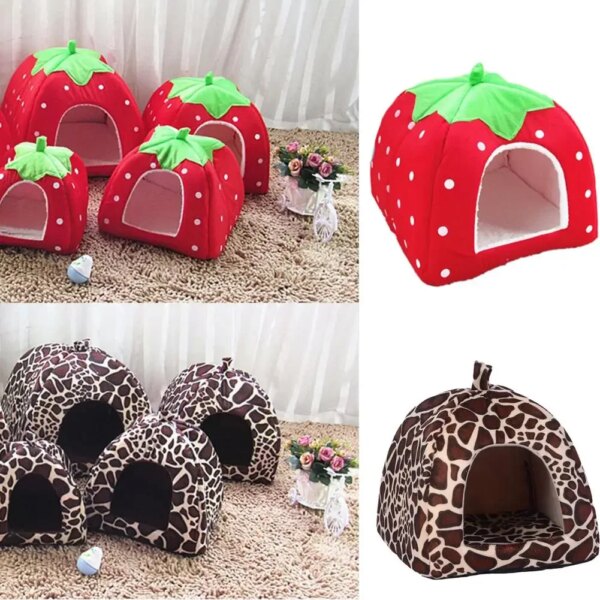 Soft Strawberry Leopard Dog Cat House Tent Kennel Doggy Winter Warm Cushion Basket Animal Bed Cave Pet Supplies