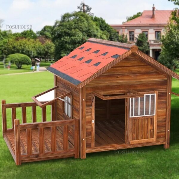 Solid Wood Dog House Outdoor Rainproof Wooden Kennels House Four Seasons Dog  Cats Cage Large Villa Kennel with Balcony H