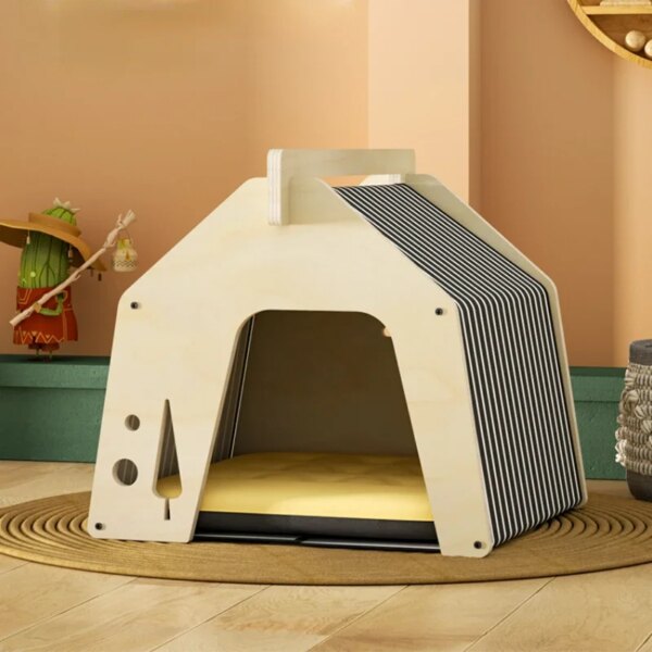 Solid Wood Dog Kennel, Four Seasons General  Winter Warm Cat Kennels, Winter Sleep with House Outdoor Pet Supplies