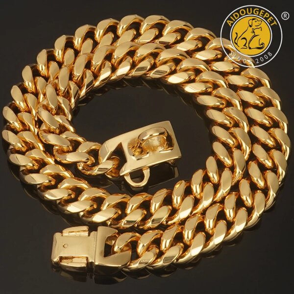 Strong Gold Dog Collar Stainless Steel Cuban Link Chain 14mm Wide Metal Pet Necklace for Small Medium Large Dog Collar Product