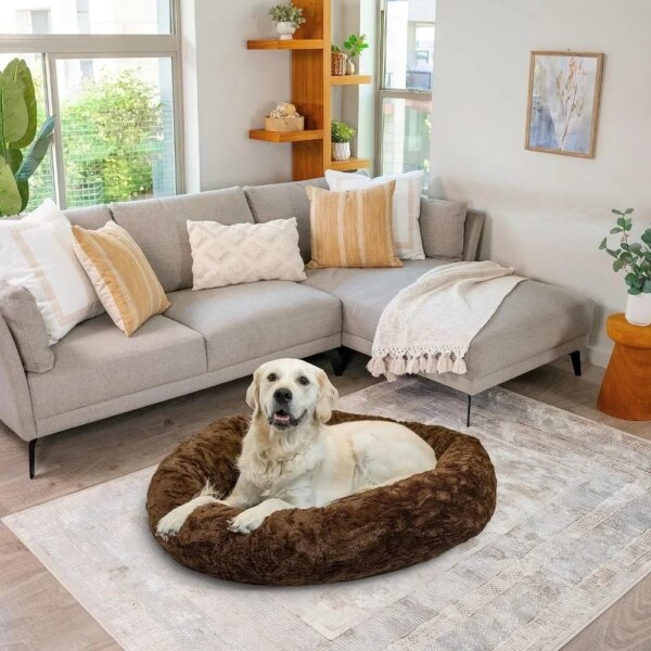 The Original Calming Shag Donut Cuddler Cat and Dog Bed + Pet Throw Blanket Frost Extra Large 45\