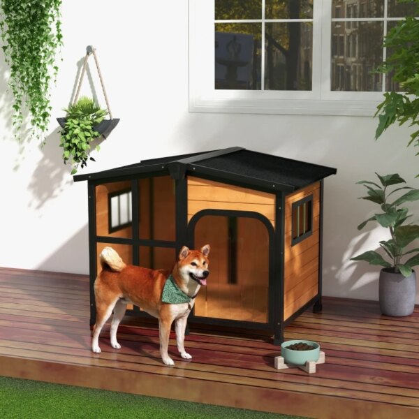 Wooden Dog House for Large Dogs，Cabin-Style Dog House with Openable Roof & Giant Window, Yellow 42.5\