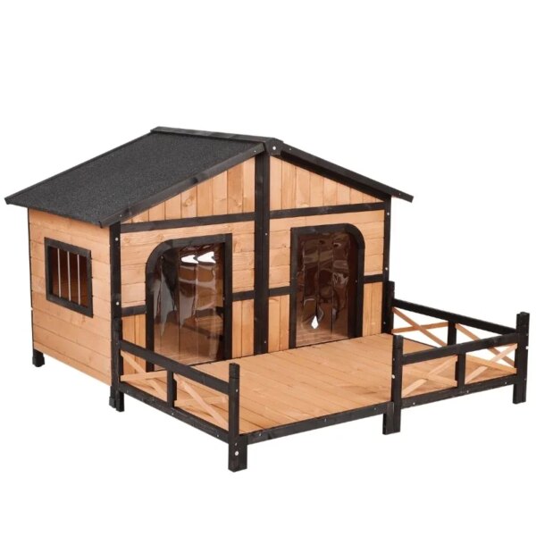 Wooden Large Dog House Weatherproof Rustic Log Cabin Style Elevated Pet Shelter Nap Porch Deck Natural