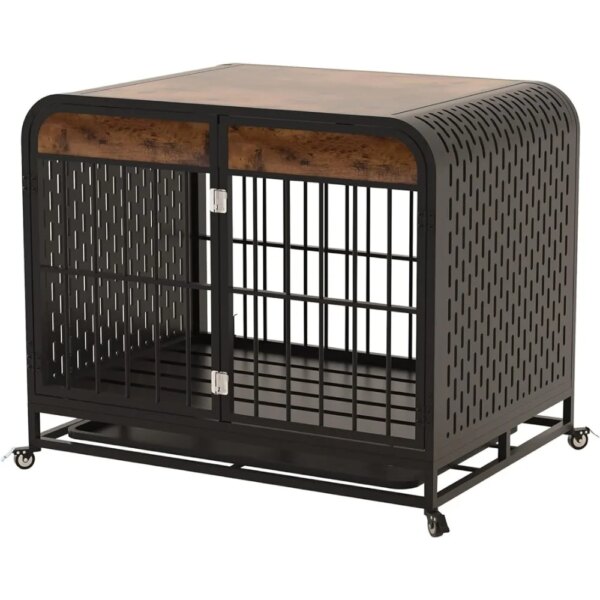 Wooden dog cage furniture with tabletop, suitable for small and medium-sized dogs, with detachable tray and lockable wheels